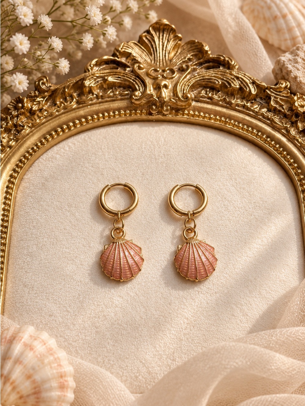 Gold Hoop Earrings with Pink Shell Charm